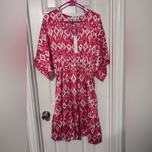 She + Sky Red and White Patterned Midi Dress